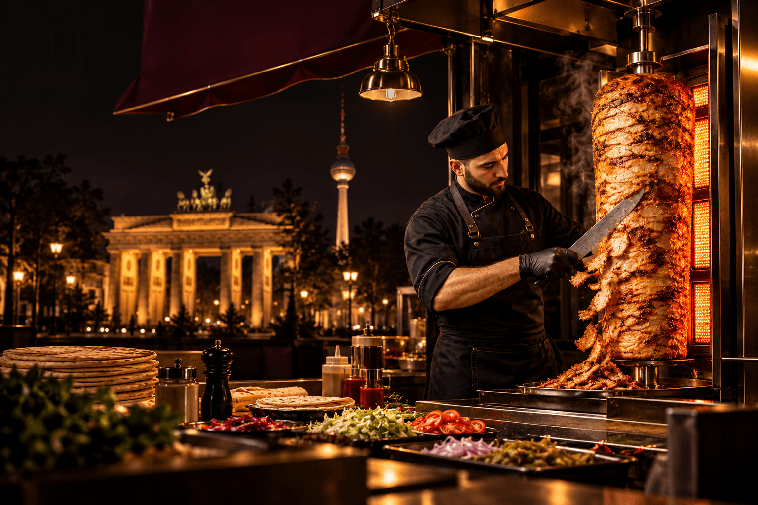 Chef carving a Berlin-style doner spit, with the Brandenburg Gate, Berlin Cathedral and TV Tower lit up behind