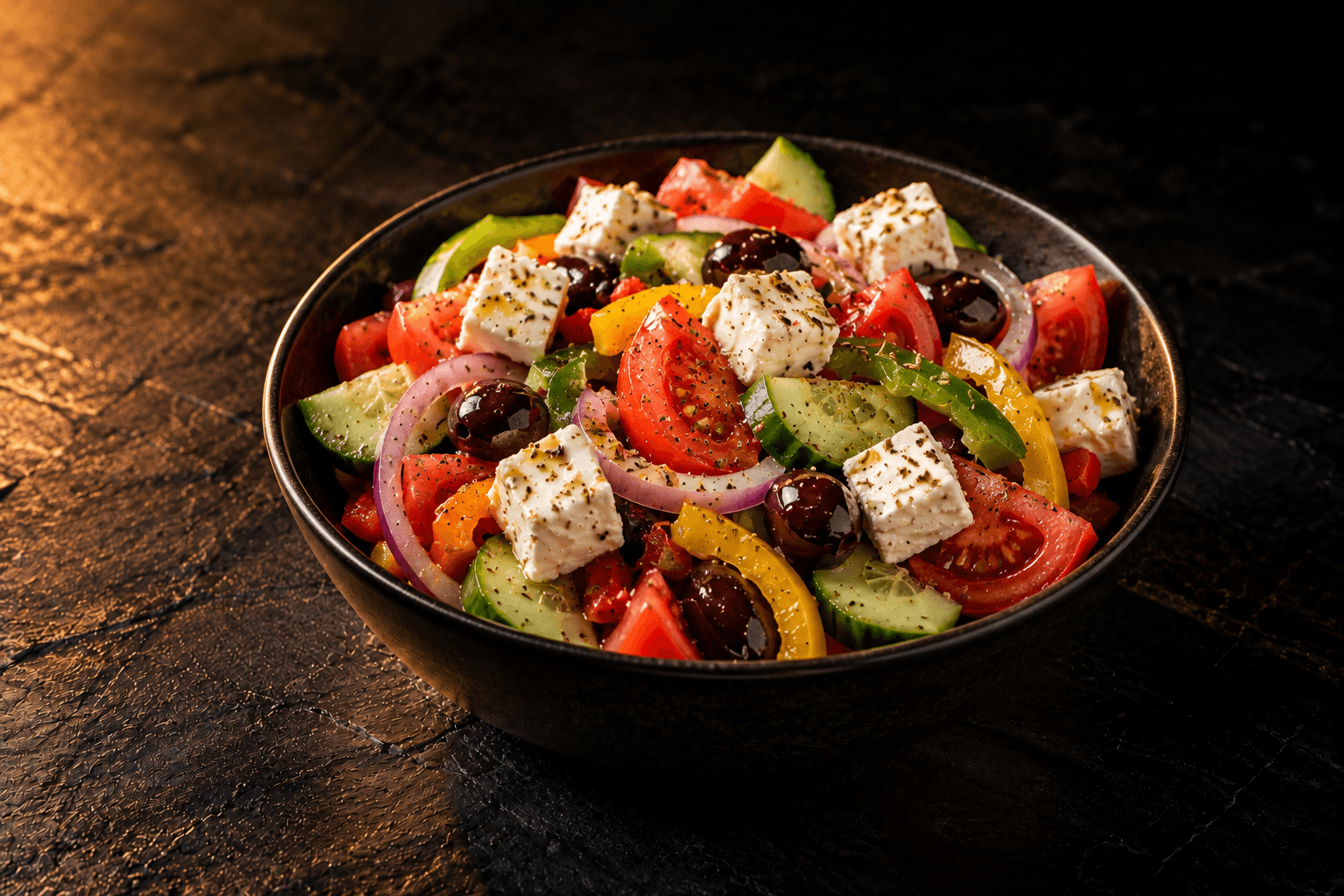 Greek salad bowl with tomato, cucumber, peppers, red onion, black olives and cheese cubes