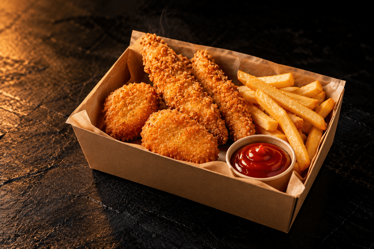 Kids Box with crispy breaded chicken pieces, fries and a cup of ketchup