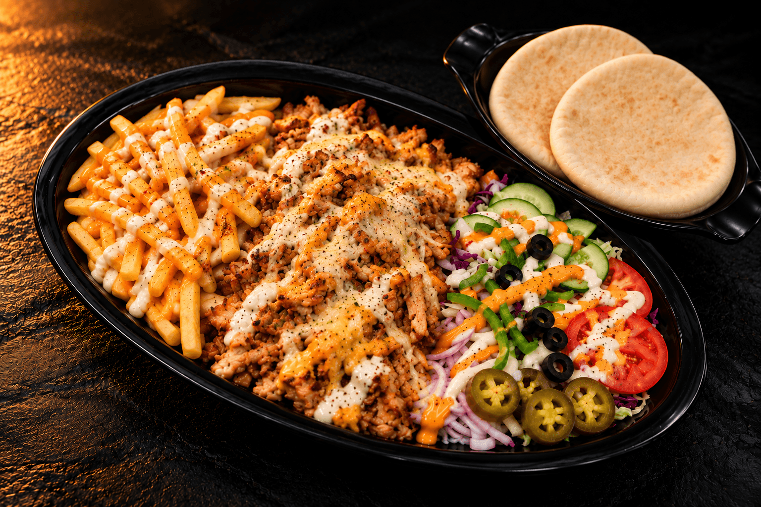 Plate of chicken doner and fries topped with cheese sauce, with salad, olives, jalapeños and pita