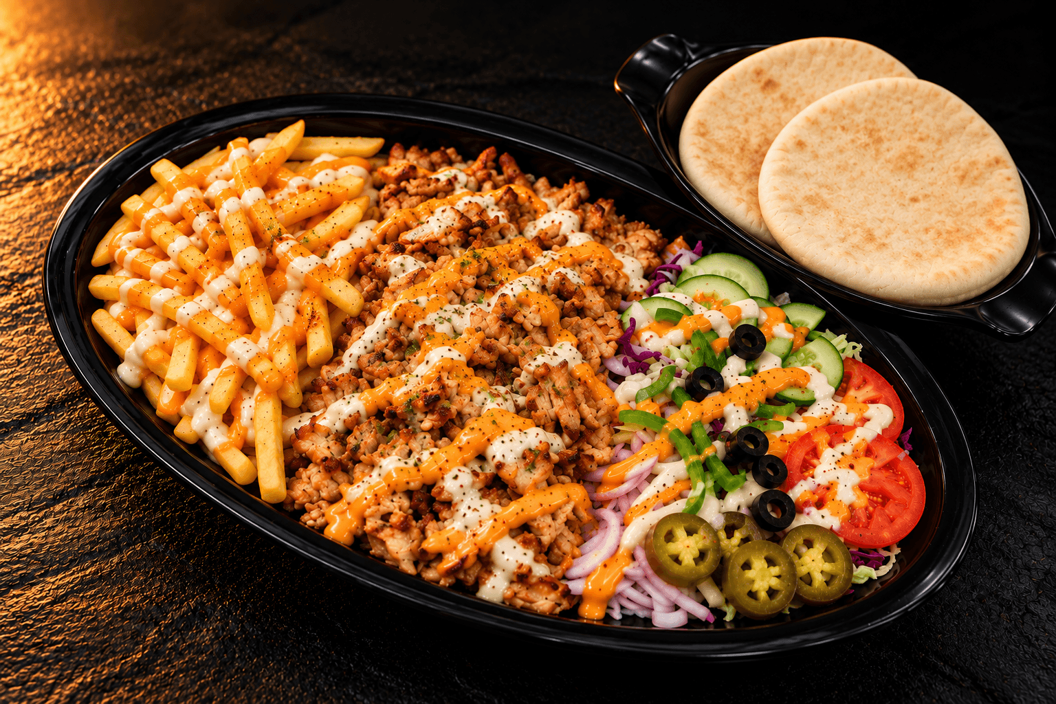 Klassiker plate with chicken doner over fries, a fresh salad with olives and jalapeños, and pita bread on the side